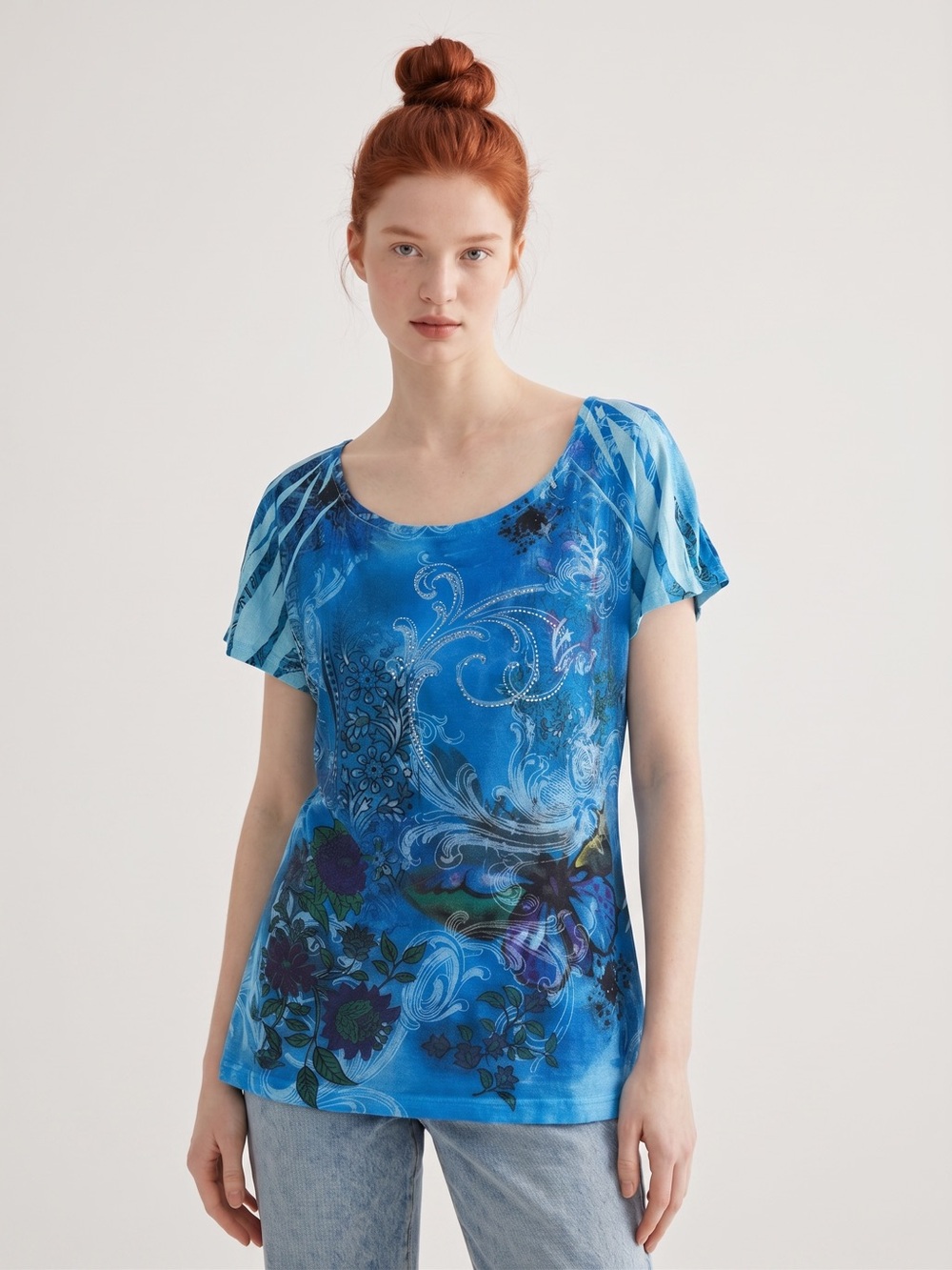 Vintage Y2K Made in Mexico Fairycore Blue Floral Scoop Neck Tee blouse. XL
